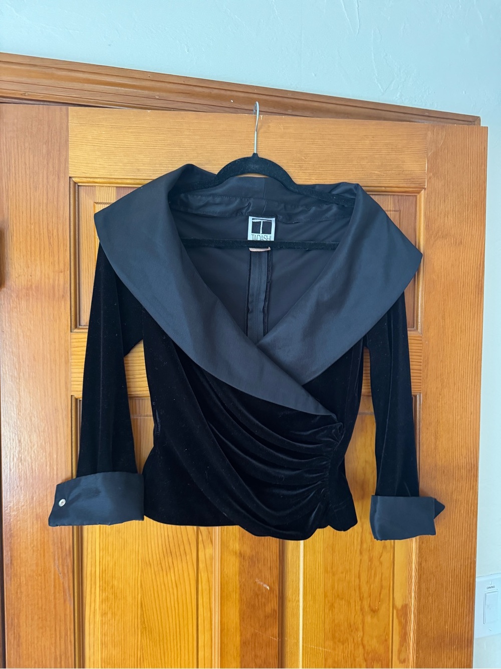 Tadashi Shoji Black Velvet Draped Wrap Top with Wide Collar